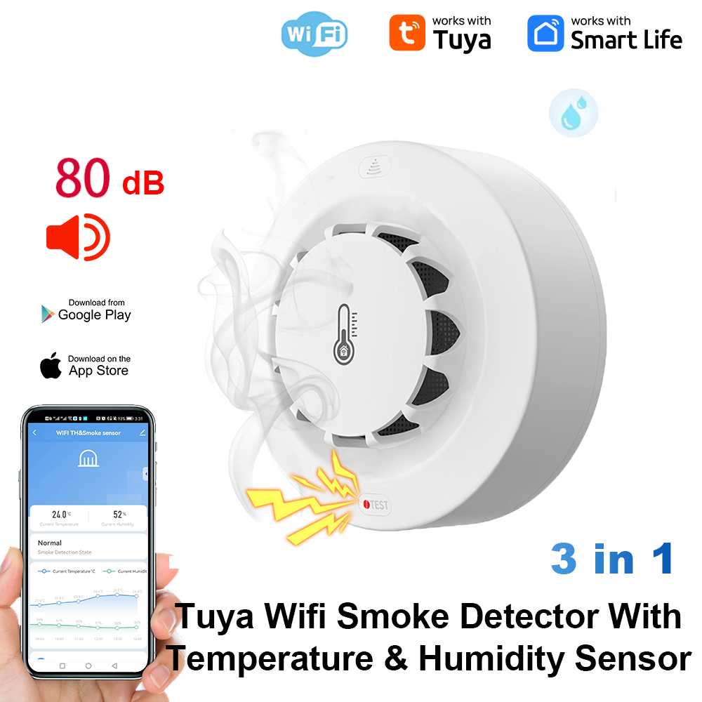 Home Security Alarm - เซ็นเซอร์วัดอุณหภูมิและความชื้นแบบ WiFi ของ Tuya พร้อมระบบตรวจจับควันและสัญญาณเตือนภัย สำหรับบ้านและสถานที่อื่นๆ