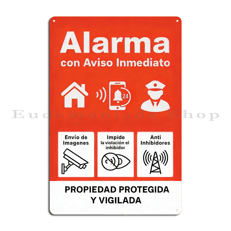 Home Security Alarm - ป้ายโลหะระบบเตือนภัย 24 ชม. สไตล์เรโทร ป้ายตกแต่งรักษาความปลอดภัยสไตล์วินเทจสเปน พร้อมไอคอน
