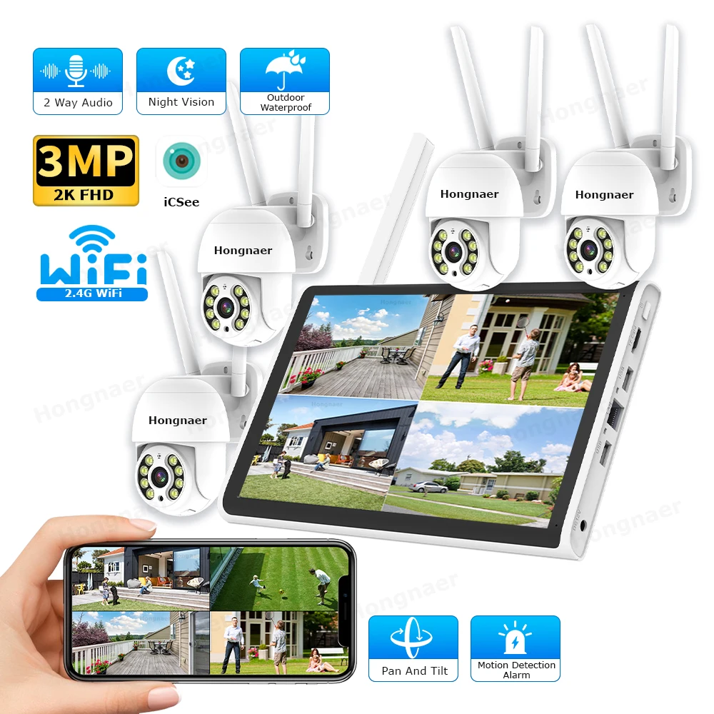 Home Security Systems Wireless - ชุดกล้องวงจรปิดไร้สาย 2026 Hongnaer 3MP 4 ช่องสัญญาณ