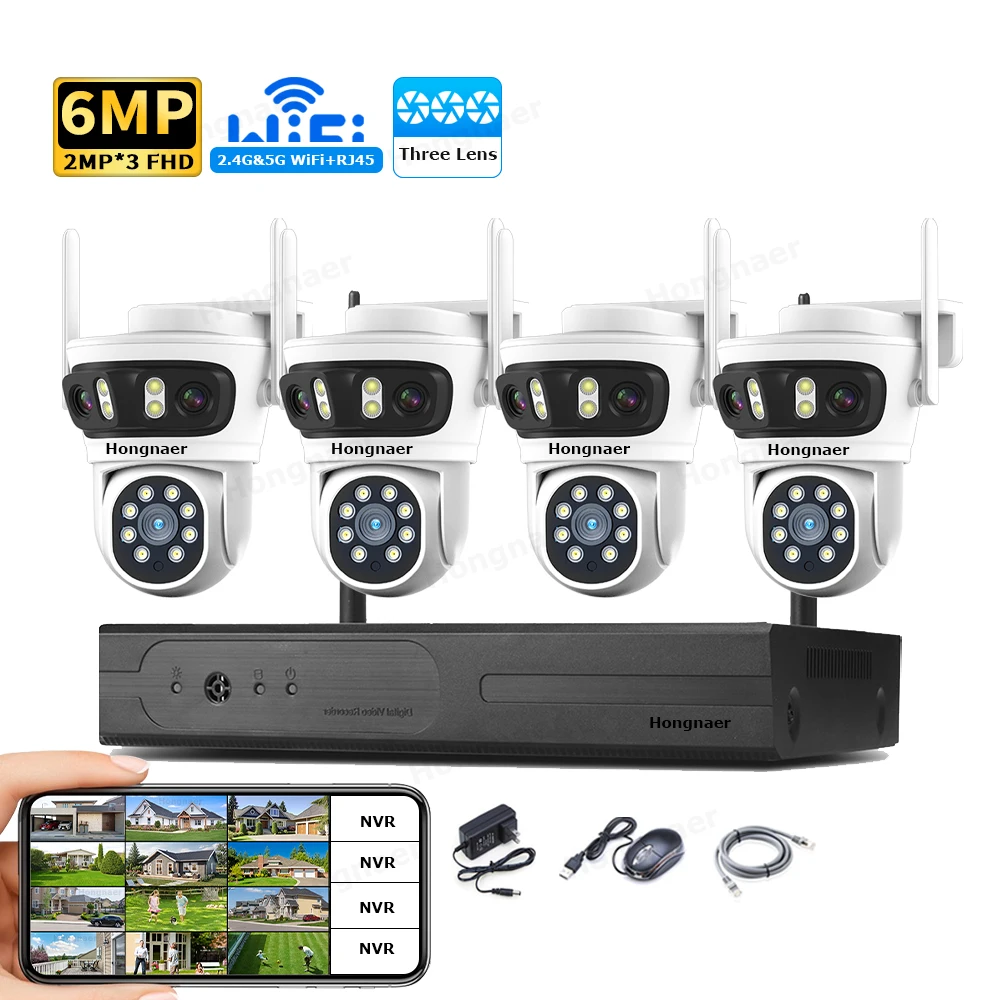 Home Security Systems Wireless - ชุดกล้องวงจรปิดรักษาความปลอดภัยภายในบ้าน Hongnaer 6MP 4CH 3 เลนส์