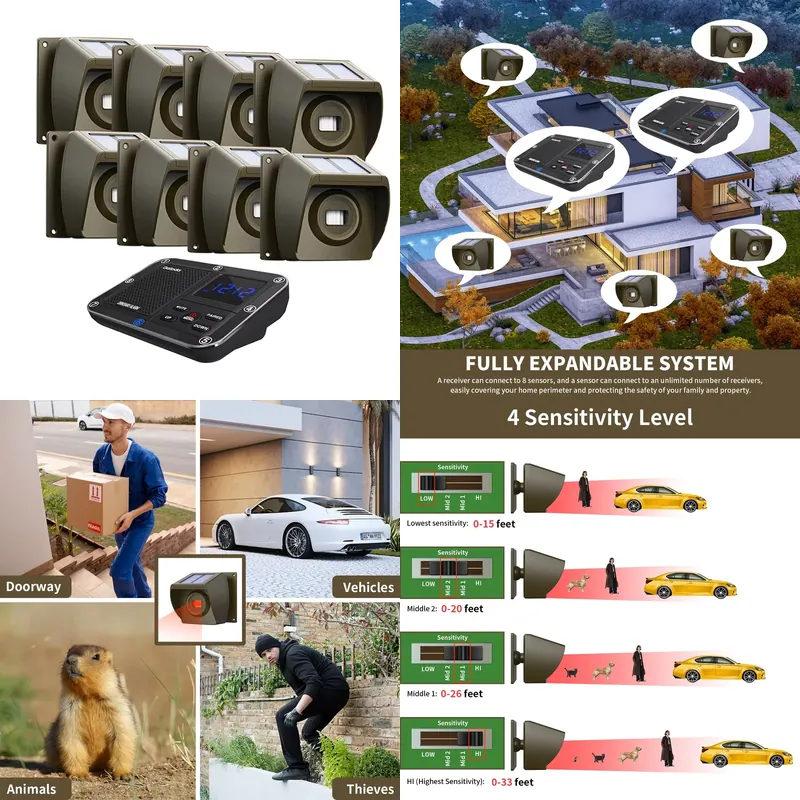 Home Security Systems Wireless - ระบบเตือนภัยไร้สายพลังงานแสงอาทิตย์สำหรับทางเข้าบ้านและฟาร์ม พร้อมเซ็นเซอร์ตรวจจับความเคลื่อนไหว PIR 1 ตัวรับสัญญาณ 8