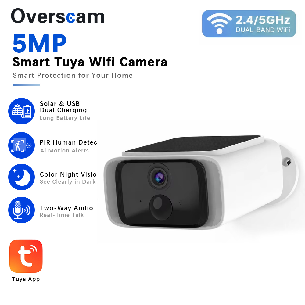 Home Security Systems Wireless - กล้องวงจรปิดพลังงานแสงอาทิตย์ Tuya 5MP ไร้สายสำหรับภายนอกอาคาร รองรับ WiFi